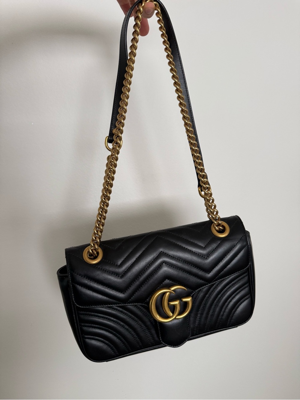 Gucci Black Chevron GG Marmont Shoulder Bag with Gold Hardware